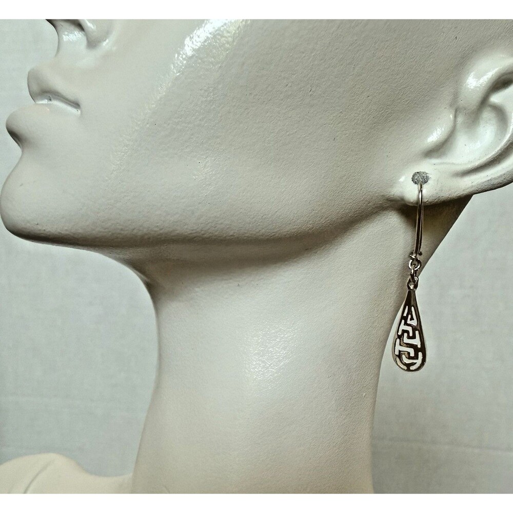 Vintage 925‎ Sterling Silver Greek Key Geometric Teardrop Dangle Earrings Rare